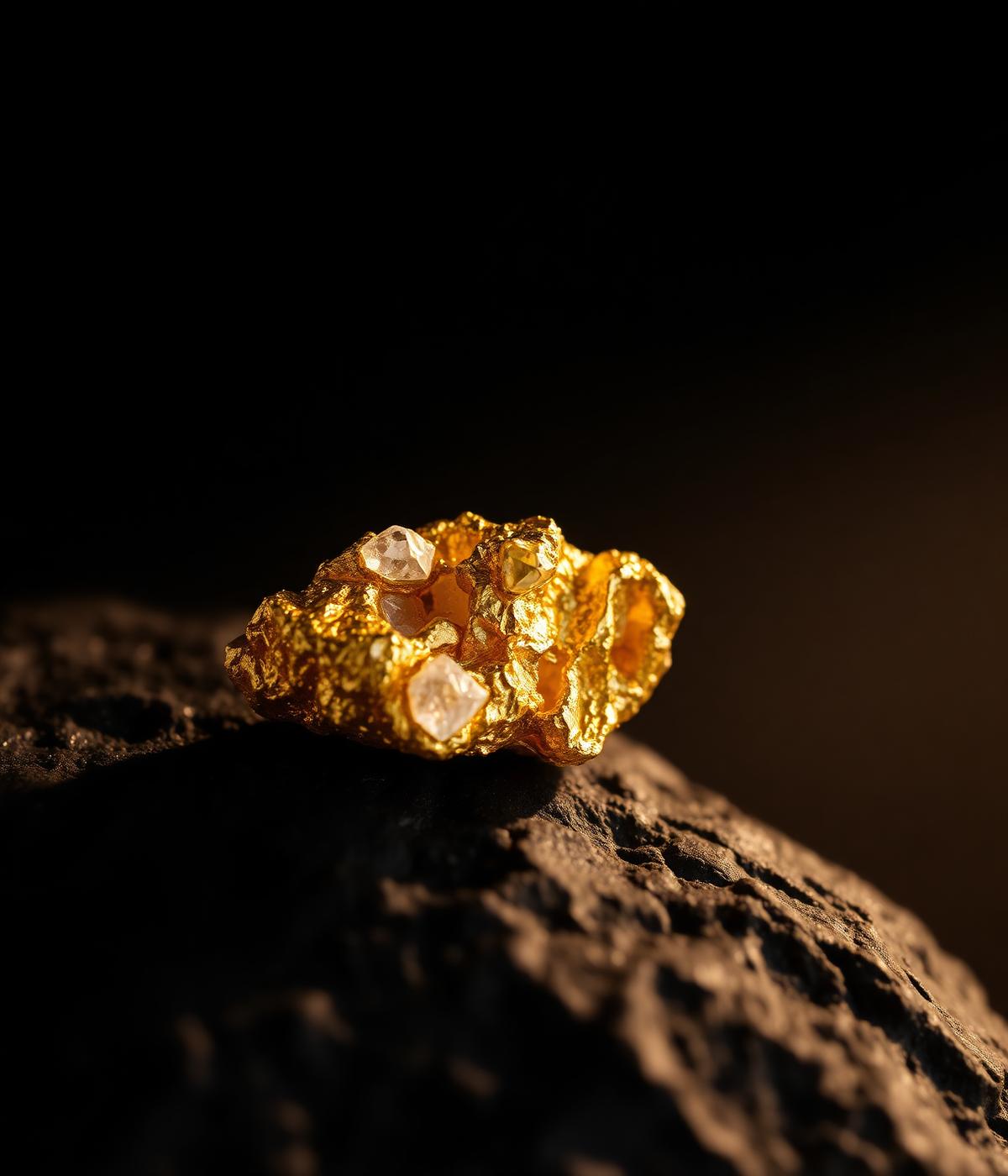 Raw gold nugget with precious mineral crystals on dark stone